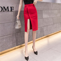 HMDIME 高腰A字包臀裙女 2019夏季新款韩版OL中长款开叉职业半身裙性感中裙 GGSS1869 红色 XL