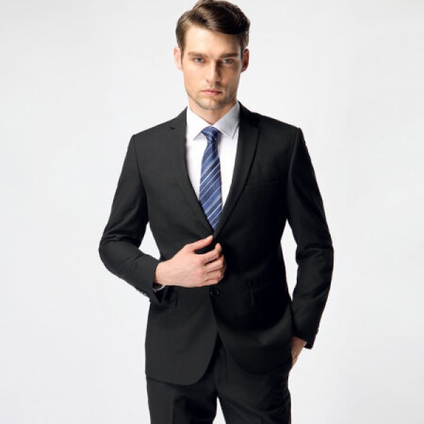 商品特洛曼西服套装男修身商务纯色黑男士西装职业礼服青年面试正装