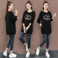 AUDDE 2019秋季新款女装新品中长款卫衣女长袖韩版宽松圆领t恤原宿风bf学生上衣 HZ552-5103 黑色 M