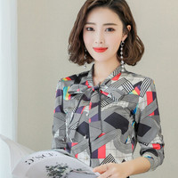 AUDDE 2019秋季新款女装新品衬衫女韩版时尚系带蝴蝶结撞色上衣印花雪纺衫修身衬衣 GZtr80329 图片色 XL