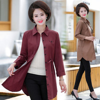 沫欣 风衣女2019秋冬新品中老年妈妈装中长款收腰修身棉质通勤长袖风衣外套 MMFL2589 酒红色 XL
