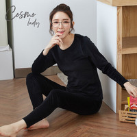 都市丽人女士保暖内衣套装 加绒2019秋冬新品秋衣秋裤高弹双面柔绒中厚圆领情侣男女套装 2W8111 黑色L