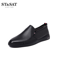 星期六男鞋（ST&SAT）时尚牛皮革舒适耐穿一脚蹬驾车透气百搭休闲鞋SS91129802 黑色 41
