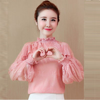 米兰茵 MILANYIN 2019新款宽松百搭立领荷叶边蕾丝衫小衫潮 MLYH547 粉红色 2XL