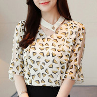 米兰茵（MILANYIN）短袖女装2019秋季新款潮韩版雪纺衫上衣服女衬衫百搭小衫 MLYH669 黄色 XXL