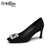金利来（goldlion）女士方头浅口单钻扣装饰工作细高跟鞋61991010901P-黑色-36码
