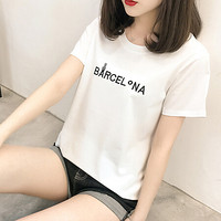LAXJOY 朗悦  夏季新款短袖T恤女韩版修身圆领印花打底上衣 LWTD191535 白色 M
