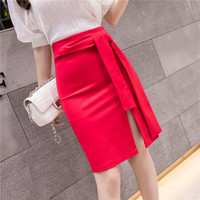 HMDIME 职业半身裙女2019夏季新款 大码高腰弹力包臀裙 显瘦开叉中长款通勤修身半身裙 YXHF5459 红色 L
