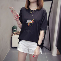 YuJue 瑜珏 加肥加大大码短袖T恤女 夏季新款韩版刺绣时尚宽松休闲半袖上衣 ZLNF1024 黑色 3XL