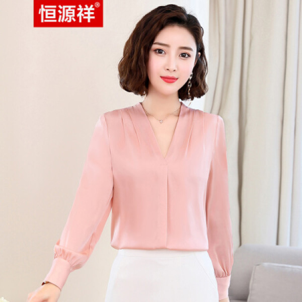商品恒源祥港风衬衫女复古冷淡夏季新款真丝上衣职业装v领桑蚕丝衬衣