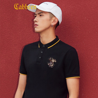 卡宾男装时尚动物刺绣中国风青年修身短袖T恤2019国潮polo衫C  煤黑色01  52/180/XL