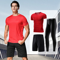 潮流假期 运动套装男训练速干健身服夏季篮球羽毛球薄款吸汗透气宽松跑步服 NZ9008-红色-短袖三件套-XL