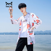 猫人（MiiOW）防晒衣2019夏季新品夹克男士连帽网格印花中长款防晒服外套211-1-F610方块红XL