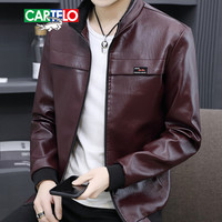 卡帝乐鳄鱼(CARTELO)皮衣男修身立领皮夹克保暖外套2019年秋冬新款纯色透气仿皮皮衣潮流男装 酒红 M