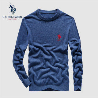 U.S.POLO ASSN. 羊毛衫男 2019秋季新品商务休闲圆领套头纯色带刺绣修身毛衣打底上衣  6194115108 花海蓝 54