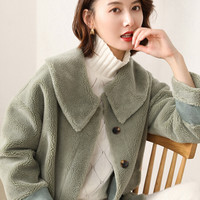 BANDALY 2019秋冬季新品女装毛呢大衣女皮草颗粒羊剪绒大衣2019新款羊羔中长款 GZHB999651 豆绿色 S