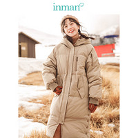 茵曼（INMAN）冬装新款加绒连帽长款过膝防风保暖加厚羽绒服外套女 18841|21170 卡其色 XL