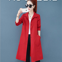 沫欣 2019春夏新品女装风衣女中长款纯色POLO领薄款单排扣修身长袖外套风衣 zx1AF11-123 红色 L
