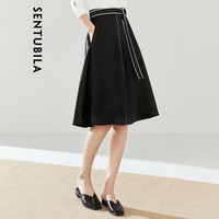 尚都比拉撞色明线半身裙女2019女装新品高腰缎面百搭A字裙 193Q1526076 黑色 XL