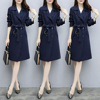 莉夏乐 2019秋季新款女装风衣女中长款韩版时尚系带收腰显瘦双排扣外套 zx3175-699 藏青色 L