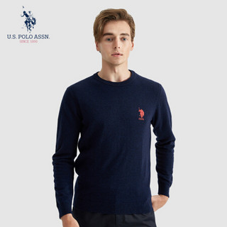 U.S. POLO ASSN.羊毛衫男2019秋冬新款圆领纯色棉休闲百搭男士打底衫针织毛衣 6194115108 深蓝 XL(52)