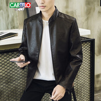 卡帝乐鳄鱼 (CARTELO)皮衣男立领外套2019年秋冬新款青年个性印花仿皮皮衣修身保暖PU皮夹克潮 深棕色 2XL