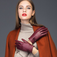 百尚意特 女士皮手套 冬加绒加厚保暖可爱时尚蝴蝶结薄款 触摸屏手套 酒红色均码 BPF027