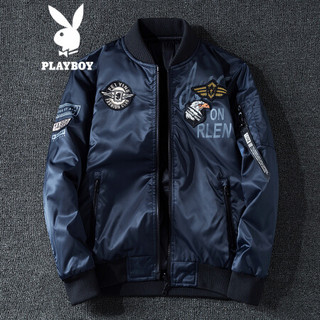 花花公子 PLAYBOY 棉服男士保暖棒球领外套2019秋冬装新款潮流双面穿棉衣 深蓝 3XL