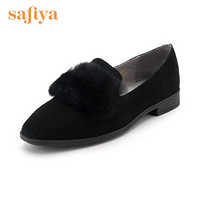 索菲娅（Safiya）专柜同款绒面牛皮舒适圆头低跟浅口毛毛单鞋女SF83112056 黑色 37