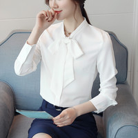 AUDDE 2019秋季新款女装新品衬衫女长袖蝴蝶结白色上衣职业打底衫雪纺女 zx1CF28-2812 白色常规 M