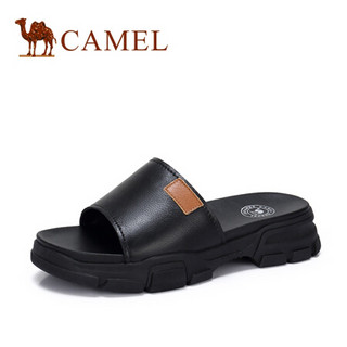 骆驼（CAMEL） 女士 休闲舒适牛皮纯色厚底拖鞋 A92893667 黑/土黄 35