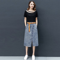 BANDALY 2019夏季新品女装半身裙中长款松紧腰牛仔裙前开叉a字潮流宽松浅蓝色 HZDF111-622 浅蓝色 S