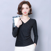 HMDIME V领套头上衣 2019秋季新品韩版纯色百搭修身显瘦长袖T恤女 YDFH8152 黑色 XL