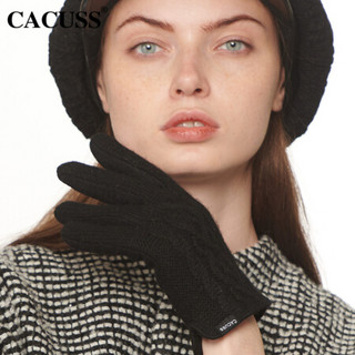 CACUSS S0082纯羊毛手套女秋冬新品毛线针织拧花双层加厚加绒触屏保暖手套女士 黑色