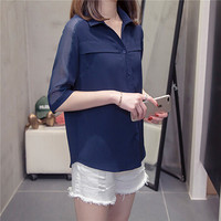曼如芬 时尚气质雪纺衫 2019夏季新品韩版胖妹妹大码单排扣上衣潮 ZLNM8878 蓝色 2XL