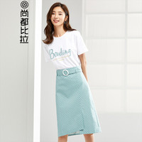 尚都比拉字母T恤波点半身裙两件套女2019女装新品绣花上衣时尚裙子Q92Z0225600 白配绿 S