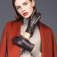 百尚意特 女士秋冬季保暖皮手套 薄款 骑车开车短款 WL01 棕色触控 M