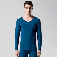 稻草人秋衣秋裤男士无痕棉毛裤弹力修身莫代尔V领薄款保暖内衣套装85977 道奇蓝-男 L