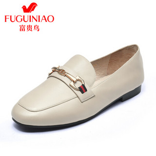 富贵鸟（FUGUINIAO）女士单鞋韩版方头粗跟平底休闲百搭F99P067C 米色 40