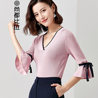 尚都比拉（Sentubila）2019新品V领针织衫女喇叭袖撞色女式上衣时尚毛衫  W83H0121419 粉色 XL