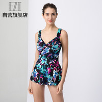 弈姿女士泳衣 女 大码保守连体裙式游泳衣 女 遮肚显瘦温泉泳衣泳装 EZI18W105 黑底大花 L