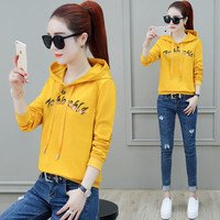 AUDDE 2019秋季新款女装新品卫衣女短款韩版宽松连帽套头薄款学生秋季上衣潮 HZ6047-1876 黄色 L