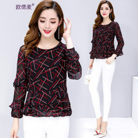 欧偲麦  雪纺衫女长袖2019春季衬衫女士打底衫女小衫女修身显瘦时尚百搭印花韩版 DLTS-J19120 红色 XL