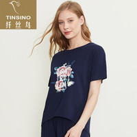 纤丝鸟TINSINO女士印花半袖衫清爽竹棉系列 春夏圆领亲肤透气T恤单条装 藏蓝色 XXL(175/105)