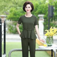 weierni 维迩旎 夏季新款女装新品中老年妈妈时尚套装短袖夏季T恤裤子两件套 MMJR2464F919 军绿 XL