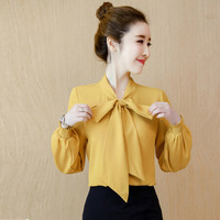 瑜珏（YuJue）复古蝴蝶结雪纺衬衫 2019秋季新款chic宽松灯笼袖飘带衬衣女长袖 NSYY8224 黄色 L