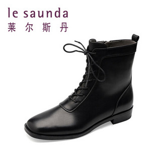 莱尔斯丹 le saunda 时尚休闲方头系带侧拉链粗跟低跟女短靴马丁靴 LS 9T24003 黑色 39