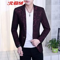 北极绒(Bejirong)西服男 2019新款韩版时尚休闲印花春秋外套青年个性西服 516-5089 暗红 L