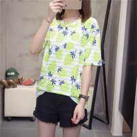 YuJue 瑜珏 草莓印花休闲上衣 夏季新款韩版胖妹妹大码圆领宽松短袖T恤潮 ZLNF8982 绿色 2XL