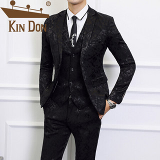 金盾（KIN DON）西服套装 男2019夏秋青年时尚大码个性印花西服三件套结婚礼服 QT3002-991 黑色 5XL